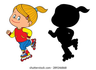 Cartoon cute little / teen girl riding roller skates. Rollerblading kid girl on inline skates. Isolated vector illustration on a white background.