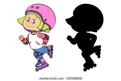 Cartoon cute little / teen girl riding roller skates. Rollerblading kid girl on inline skates. Isolated vector illustration on a white background.