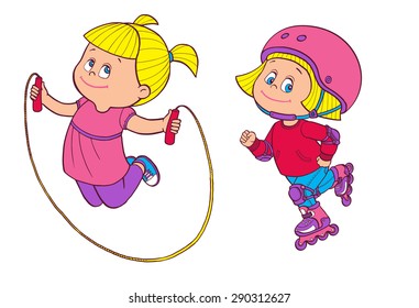 Cartoon cute little / teen girls jumping with skipping rope and riding roller skates. Isolated vector illustration on a white background. 