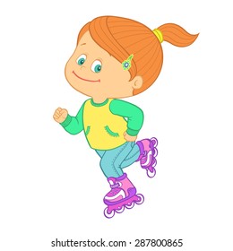 Cartoon cute little / teen redhead girl riding roller skates. Rollerblading kid girl on inline skates. Isolated vector illustration on a white background.