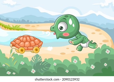 Cartoon cute little tortoise chasing its shell on a lake view background