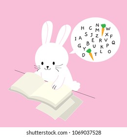 Cartoon cute little white rabbit reading book on pink background vector.