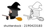 Cartoon cute little young black witch flying with broom. Kid Halloween cosplay. Side view character. Set of colored and line art. Isolated by white background, flat design, EPS10 vector