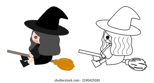 Caricatura linda bruja negra joven volando con escoba. Cosplay de Halloween infantil. Carácter de vista lateral. Conjunto de colores y líneas de arte. Aislado por fondo blanco, diseño plano, vector EPS10