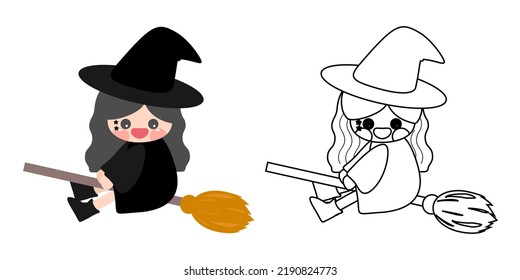 Cartoon cute little young black witch flying with broom. Kid Halloween cosplay. Side view character. Set of colored and line art. Isolated by white background, flat design, EPS10 vector