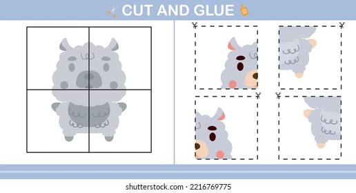cartoon cute llama .education paper game for kindergarten and preschool.cut and glue game