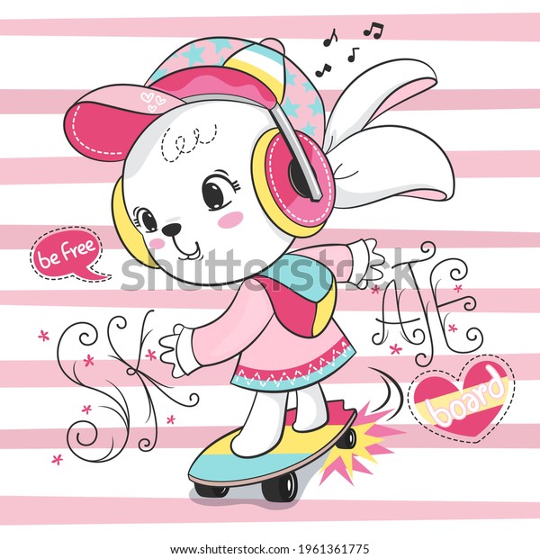 Cartoon cute lovely bunny girl with\
skateboard vector illustration, Graphic t-shirt for\
kids.