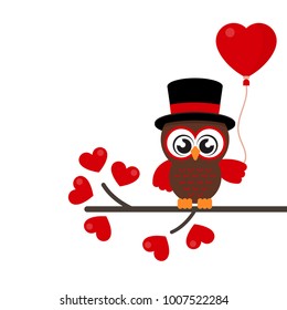 cartoon cute lovely owl in hat with balloons on the branch vector image