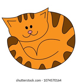 Cartoon cute lying cat. Red cat with brown strips. Illustration isolated on a white background in doodle style