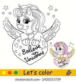 Cartoon cute magic unicorn with heart. Kids coloring book page. Unicorn character. Black contour on a white. Vector isolated illustration with colorful template. For coloring, print, design, stickers