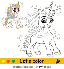 Caricatura lindo unicornio mágico. Página del libro de colorear para niños. Carácter unicornio. Contorsión negra en blanco. Ilustración vectorial aislada con plantilla colorida. Para colorear, imprimir, diseñar ropa, pegatinas