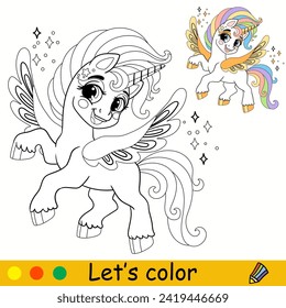 Cartoon cute magic unicorn. Kids coloring book page. Unicorn character. Black contour on a white. Vector isolated illustration with colorful template. For coloring, print, clothes design, stickers