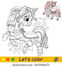 Cartoon cute magic unicorn. Kids coloring book page. Unicorn character. Black contour on a white background. Vector isolated illustration with colorful template. For coloring, print, clothes, stickers