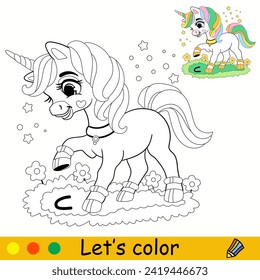 Cartoon cute magic unicorn. Kids coloring book page. Unicorn character. Black contour on a white. Vector isolated illustration with colorful template. For coloring, print, clothes design, stickers