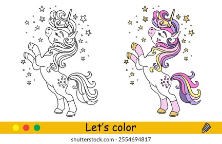 Cartoon cute magic unicorn. Kids coloring book page. Unicorn character. Black contour on white background with color template. Vector illustration. For coloring, print, design, stickers