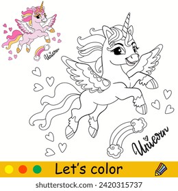 Cartoon cute magic unicorn with wings. Kids coloring book page. Unicorn character. Black contour on a white. Vector isolated illustration with colorful template. For coloring, print, design, stickers