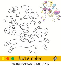 Cartoon cute magic unicorn with wings. Kids coloring book page. Unicorn character. Black contour on a white. Vector isolated illustration with colorful template. For coloring, print, design, stickers