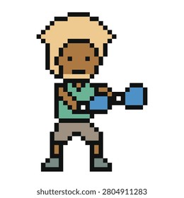 Cartoon cute man exercises training boxing pugilism punch 8 bit fisticuffs gym fitness art.
