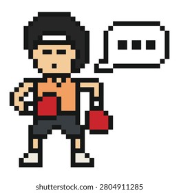 Cartoon cute man exercises training boxing pugilism punch 8 bit fisticuffs gym fitness art.