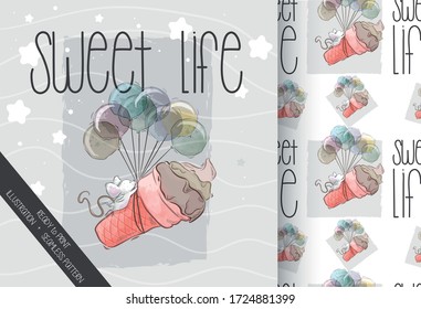 Cartoon cute maouse flying with balloon