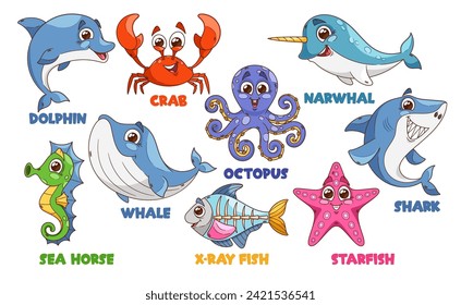 Caricatura Cute Personajes Animales Marinos. Delfín, Cangrejo, Octopus Y Narwhal. Caballo De Mar, Ballena, Pescado Y Starfish, Tiburón