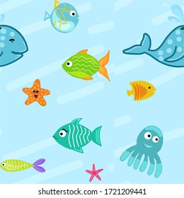 
Cartoon cute marine inhabitants in the sea or ocean. Fish, whale, starfish, octopus in blue water water. Vector pattern