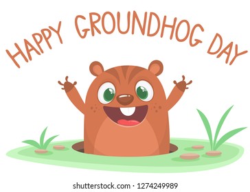 Cartoon cute marmot groundhog looking out of a hole. Happy groundhog day. Vector illustration. Party invitation poster or postcard with lettering typography