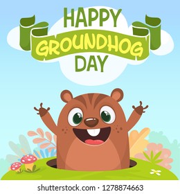 Cartoon cute marmot looking out of a hole. Vector illustration. Party invitation poster or postcard with lettering typography for Happy groundhog day