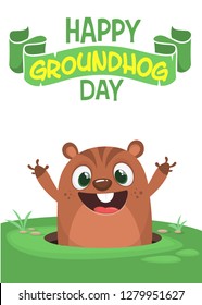 Cartoon cute marmot looking out of a hole. Vector illustration. Party invitation poster or postcard with lettering typography for Happy groundhog day