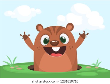 Cartoon cute marmot looking out of a hole. Happy groundhog day. Vector illustration