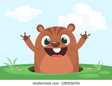 Cartoon cute marmot looking out of a hole. Happy groundhog day. Vector illustration