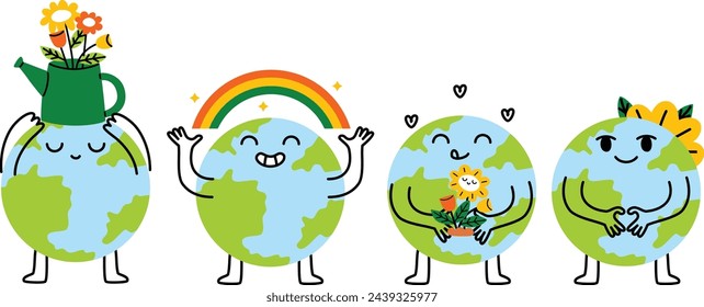 Cartoon cute mascot earth with happy expression earth day set Illustration Vector