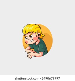 cartoon cute mascot of golden blonde haired man feeling angry and annoyed