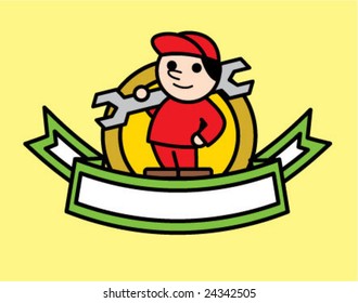 Cartoon cute mechanical worker mascot logo. Vector character illustration.