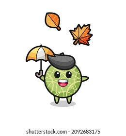 Cartoon der süßen Melonobst, die im Herbst einen Regenschirm hält , süßes Design für T-Shirt, Aufkleber, Logo-Element