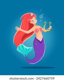 Cartoon cute mermaid character with lyre. Pretty girl vector personage of fairy underwater princess with fish tail, long pink hair, seashell bra and diadem crown playing lira music instrument