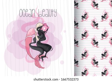 cartoon cute mermaid imagination with seamless pattern