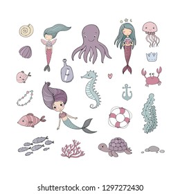 Cartoon cute mermaids. Sea set