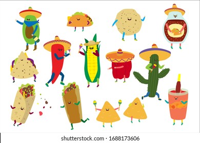 Cartoon cute mexican food vector illustration. Happy kawaii taco, tortilla food character from Mexico. Comic chili pepper, avocado, cactus or corn in sombrero fastfood dancing icons isolated on white