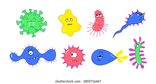 Cartoon cute microbes vector illustration. Set of bacteria and virus funny characters. Dangerous diseases, creatures, germs for healthcare materials. Corona-virus