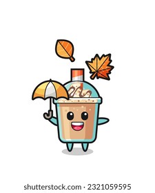 cartoon of the cute milkshake holding an umbrella in autumn , cute style design for t shirt, sticker, logo element