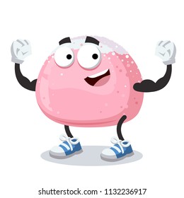 cartoon cute mochi mascot shows its strength on a white background