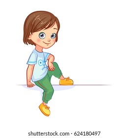 Cartoon cute modern boy sits in a relaxed pose on a big white banner, leaning his elbow on his knee and hanging his leg. Cutout vector kid character with billboard.