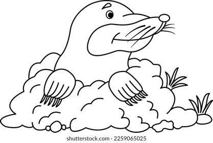 Cartoon cute mole for coloring page. Vector illustration of a mole in a hole