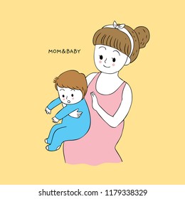Cartoon cute mom and baby burping vector.
