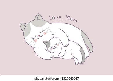 Cartoon cute mom and baby cat sleeping vector.	