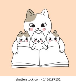 Cartoon cute mom and baby cat reading book vector.
