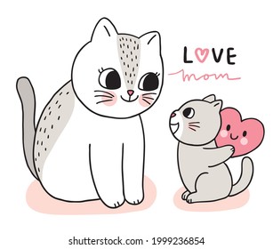 Cartoon cute mom and baby cats and big heart vector.