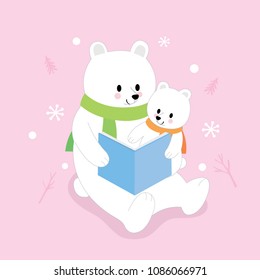 Cartoon cute mom and baby polar bear reading book vector.