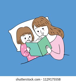 Cartoon Cute Mom And Baby Reading  Book On Bed Vector.